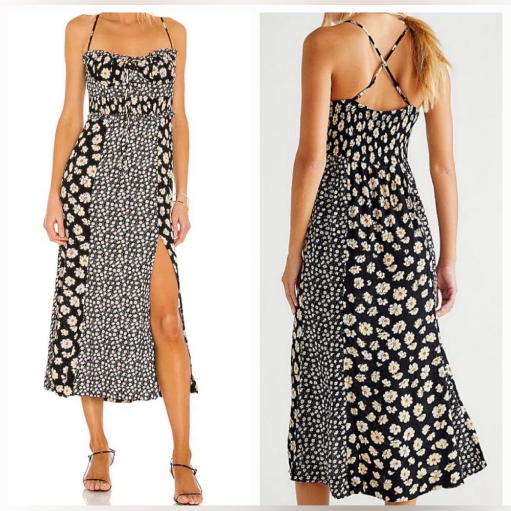 Free People Tigerlily Criss-cross Drawstring Midi Dress Black White Sz XS